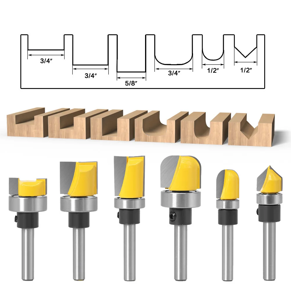 1/4" 6mm Carving Pattern Straight Flush Trim Bit Set with Bearing Hinge Mortising Router Bits for Wood Trimmer Milling Cutter
1/4" 6mm Carving Pattern Straight Flush Trim Bit Set with Bearing Hinge Mortising Router Bits for Wood Trimmer Milling Cutter