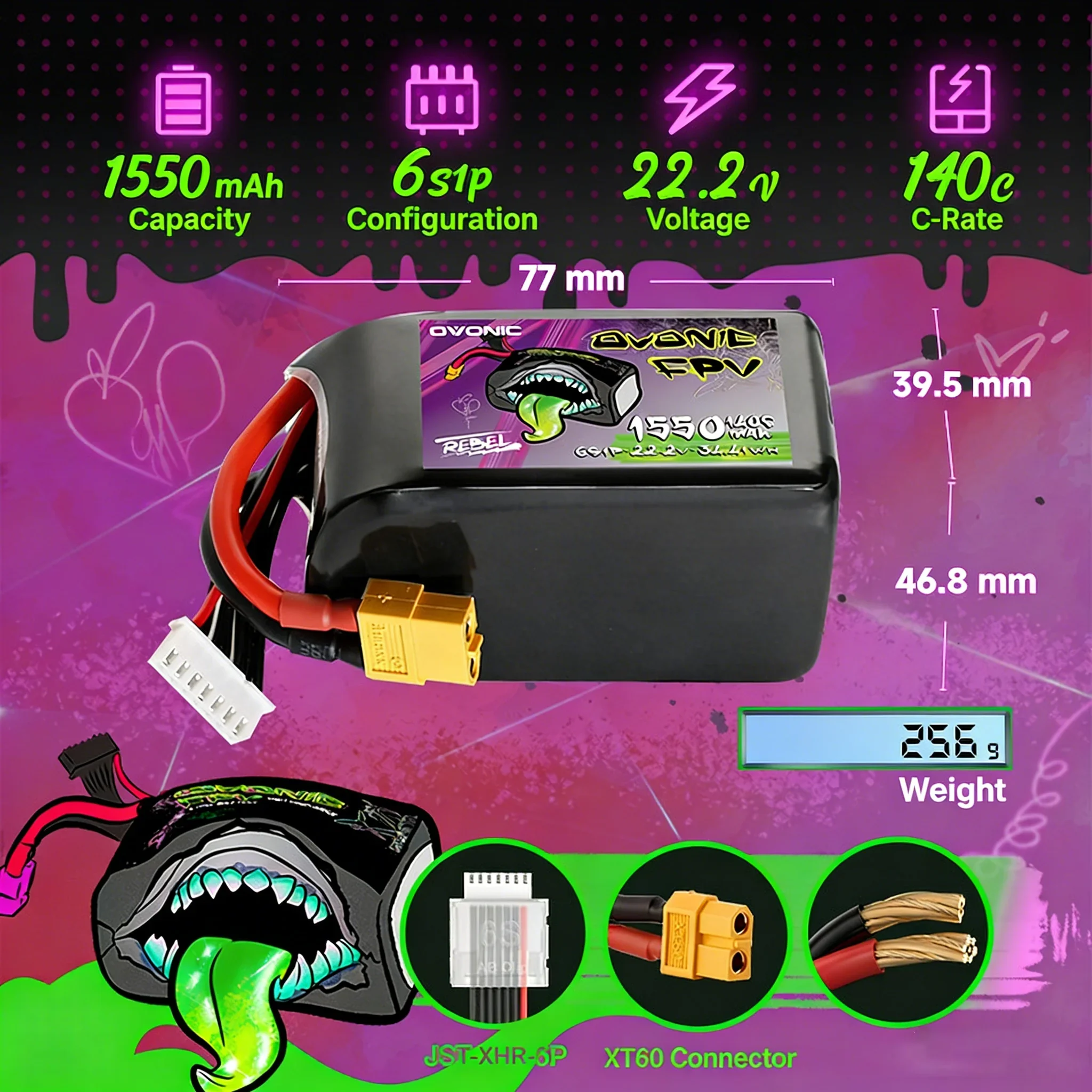Ovonic Rebel 1550mAh 4S 6S 140C 14.8V 22.2V Lipo Battery XT60 for FPV Racing Freestyle Whoop Quadcopter Drone
Ovonic Rebel 1550mAh 4S 6S 140C 14.8V 22.2V Lipo Battery XT60 for FPV Racing Freestyle Whoop Quadcopter Drone