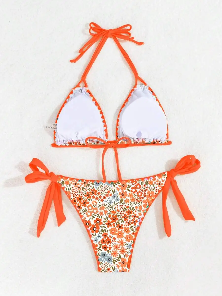 Orange Floral Print Halter Top Bikini Set With Adjustable Side Ties For Summer Beach Vacation Wear
Orange Floral Print Halter Top Bikini Set With Adjustable Side Ties For Summer Beach Vacation Wear