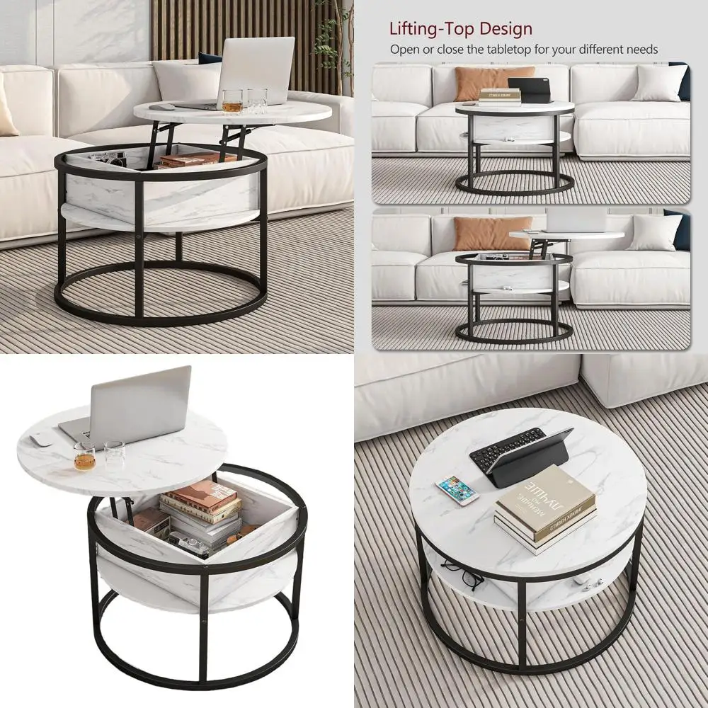 White Farmhouse-Style 2-Tier Round Coffee Table with Storage and Lift Top
White Farmhouse-Style 2-Tier Round Coffee Table with Storage and Lift Top