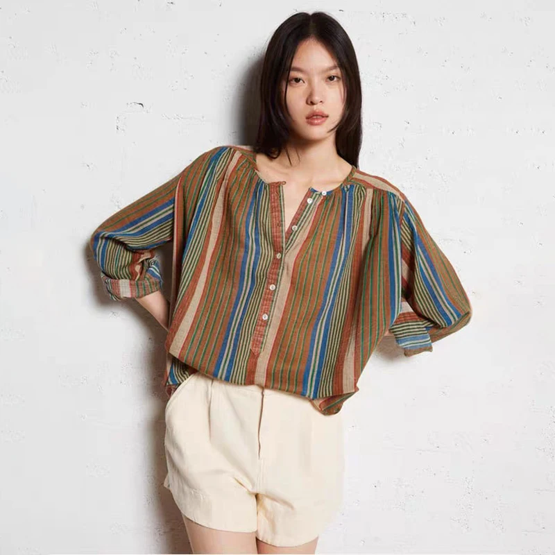 Early Autumn Women's Shirt Vertical Stripes Brown round Neck Single Button Loose Lantern Sleeve Long Sleeve Blouse
Early Autumn Women's Shirt Vertical Stripes Brown round Neck Single Button Loose Lantern Sleeve Long Sleeve Blouse