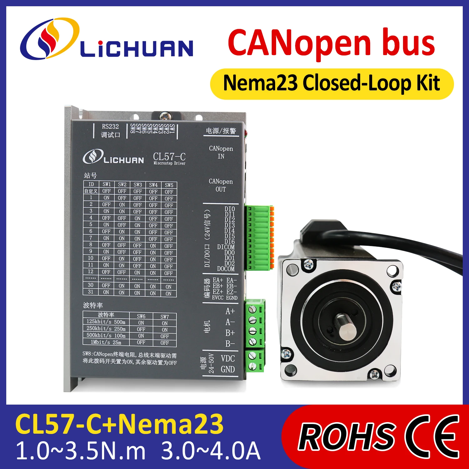 Lichuan DC24V ~ 50V 3/4A контроллер шагового двигателя 1000PPR 1/1,5/2/2,2/3/3,5 Нм 2 фазы Nema23 комплект драйверов шагового двигателя с замкнутым контуром 
Lichuan DC24V ~ 50V 3/4A контроллер шагового двигателя 1000PPR 1/1,5/2/2,2/3/3,5 Нм 2 фазы Nema23 комплект драйверов шагового двигателя с замкнутым контуром