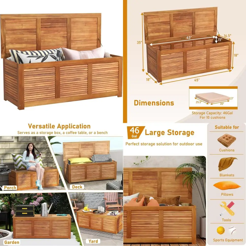 Acacia Wood Deck Box, 46 Gallon Outdoor Storage Container for Patio Cushions, Pillows, Garden Tools, Yard Accessories
Acacia Wood Deck Box, 46 Gallon Outdoor Storage Container for Patio Cushions, Pillows, Garden Tools, Yard Accessories
