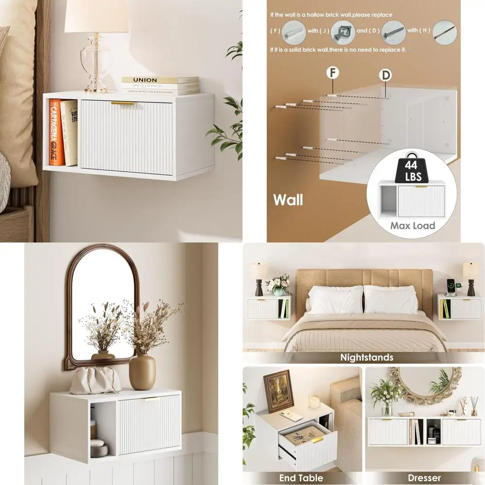Modern White Floating Nightstand with Drawer and Shelf, 19.3x11.4x10, Wall-Mounted Bedside Table
Modern White Floating Nightstand with Drawer and Shelf, 19.3x11.4x10, Wall-Mounted Bedside Table