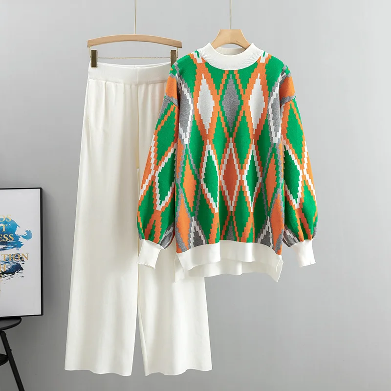 Soft Warm Women Knitting Suit Contrast Color Plaid Pullover Thick Sweater+Solid High Waist Straight Pants 2pcs Female Winter Set
Soft Warm Women Knitting Suit Contrast Color Plaid Pullover Thick Sweater+Solid High Waist Straight Pants 2pcs Female Winter Set