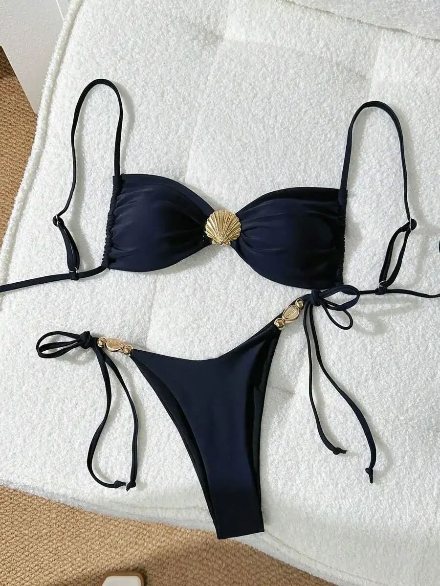 Solid Color Spaghetti Strap Wireless Bikini Set With Shell Decor And Side Tie Bottoms
Solid Color Spaghetti Strap Wireless Bikini Set With Shell Decor And Side Tie Bottoms