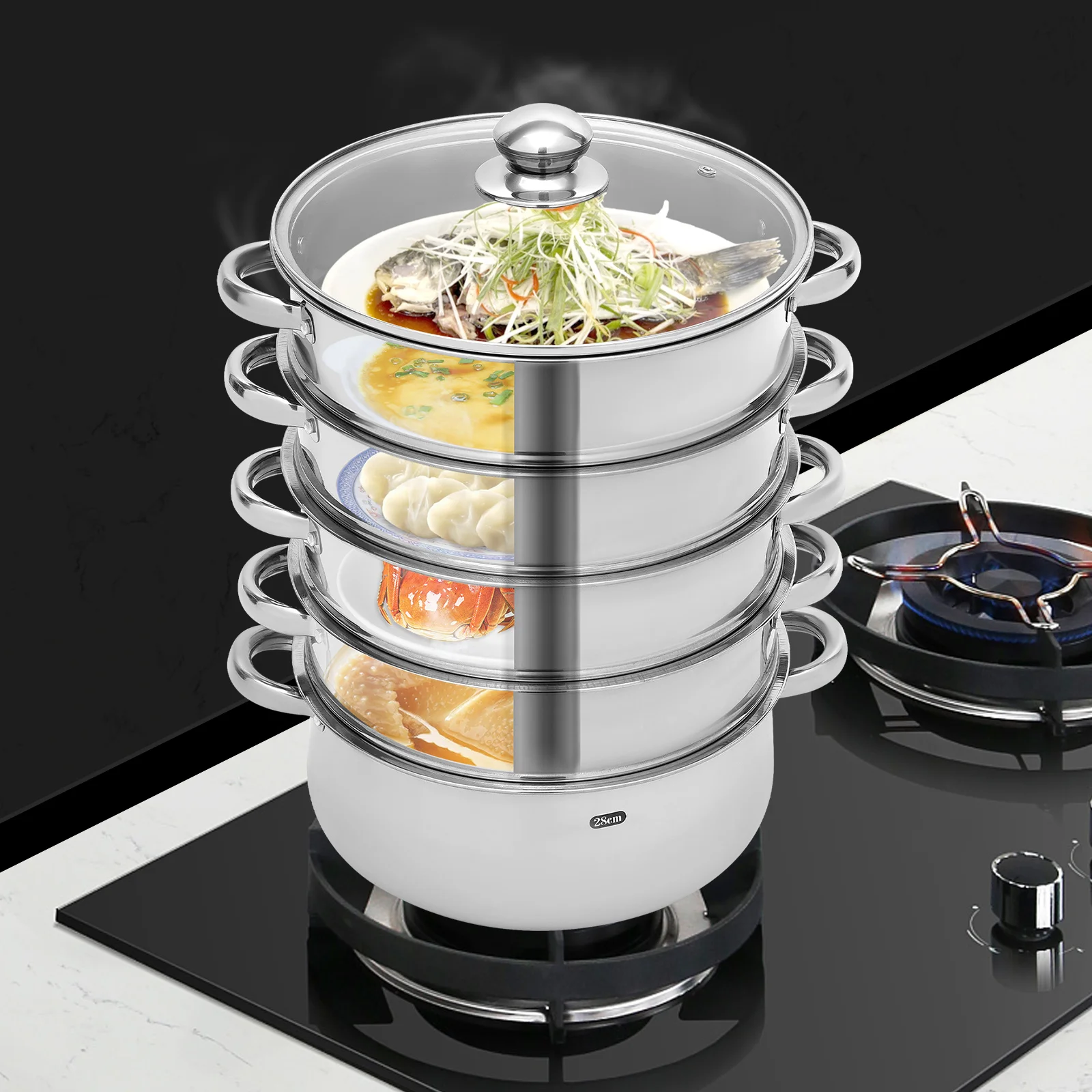 28cm 5-Tier Steam Cooker, Stainless Steel Steamer, Kitchen Cooking Steamer, Pan Cook Pot with Glass Lid Multi-Layer Cookware
28cm 5-Tier Steam Cooker, Stainless Steel Steamer, Kitchen Cooking Steamer, Pan Cook Pot with Glass Lid Multi-Layer Cookware