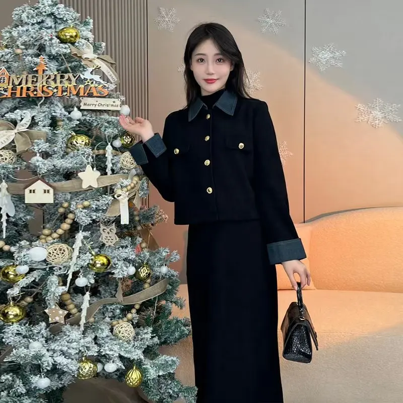 Sweet Hot Girl Suit Women's Autumn and Winter Color Contrast Short Coat High Waist Skirt Two-piece Set Fashion Female Clothes
Sweet Hot Girl Suit Women's Autumn and Winter Color Contrast Short Coat High Waist Skirt Two-piece Set Fashion Female Clothes