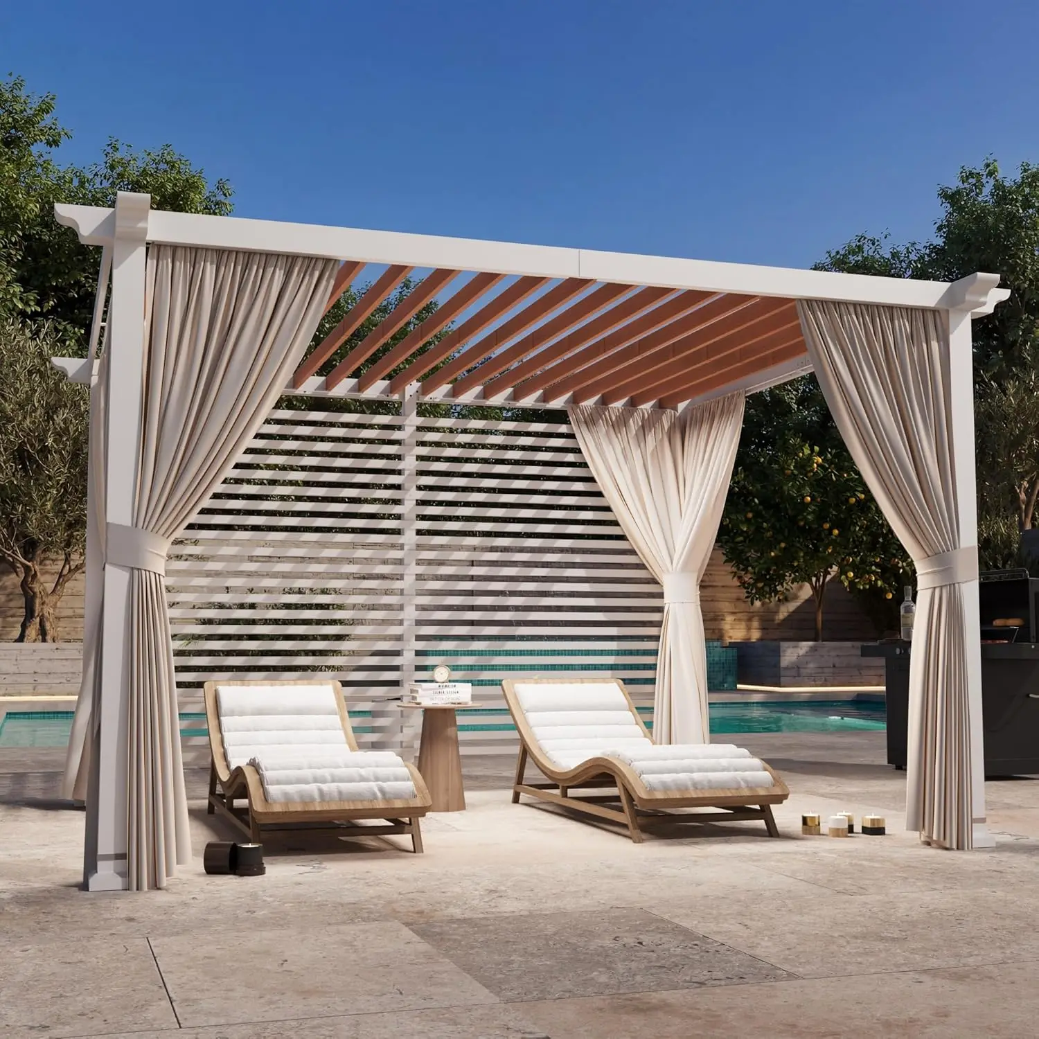 Modern Shade Open Sky 10'x12' Pergola Cabana, Modern Outdoor Pergola with White Privacy Curtains & Back Privacy Wall,, Custom
Modern Shade Open Sky 10'x12' Pergola Cabana, Modern Outdoor Pergola with White Privacy Curtains & Back Privacy Wall,, Custom