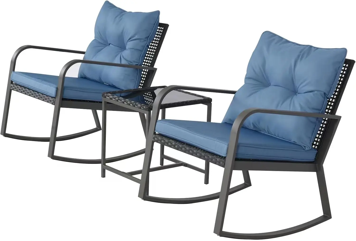 Dark blue rattan wicker 3-piece rocking bistro set with cushioned rocking chairs and tempered glass coffee table, relaxing sectional outdoor furniture for porch and backyard
Dark blue rattan wicker 3-piece rocking bistro set with cushioned rocking chairs and tempered glass coffee table, relaxing sectional outdoor furniture for porch and backyard