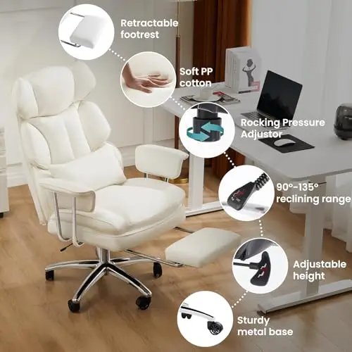White PU Leather Ergonomic Office Chair With Retractable Footrest, Adjustable Height, 90°–135° Recline, Sturdy Metal Base
White PU Leather Ergonomic Office Chair With Retractable Footrest, Adjustable Height, 90°–135° Recline, Sturdy Metal Base