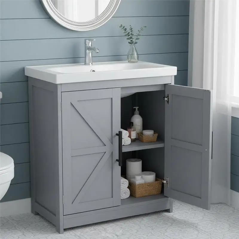 HOMCOM Farmhouse Pedestal Sink Storage Cabinet, Bathroom Sink Cabinet with 2 Barn Doors and Adjustable Shelf, Dark Gray
HOMCOM Farmhouse Pedestal Sink Storage Cabinet, Bathroom Sink Cabinet with 2 Barn Doors and Adjustable Shelf, Dark Gray