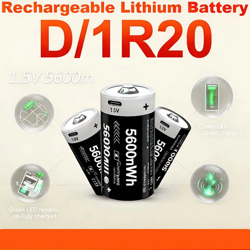 USB Rechargeable LR20 D Battery 5600mWh High Capacity 1.5V Li-ion for Water Heater Gas Igniter Toys Flashlight
USB Rechargeable LR20 D Battery 5600mWh High Capacity 1.5V Li-ion for Water Heater Gas Igniter Toys Flashlight