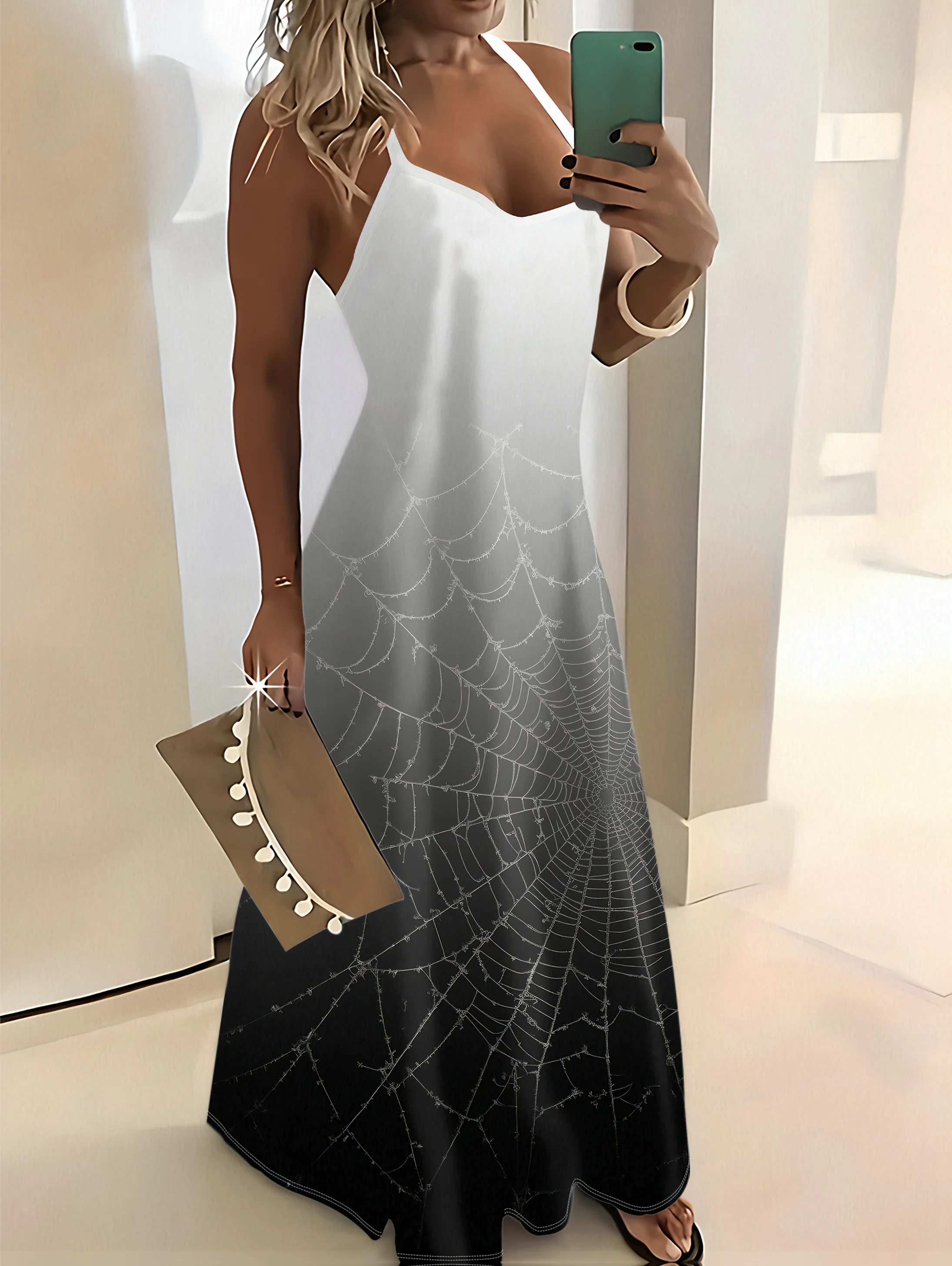 Printed Design White Spider Web Black White Ombre Spaghetti Strap Maxi Dress
Printed Design White Spider Web Black White Ombre Spaghetti Strap Maxi Dress