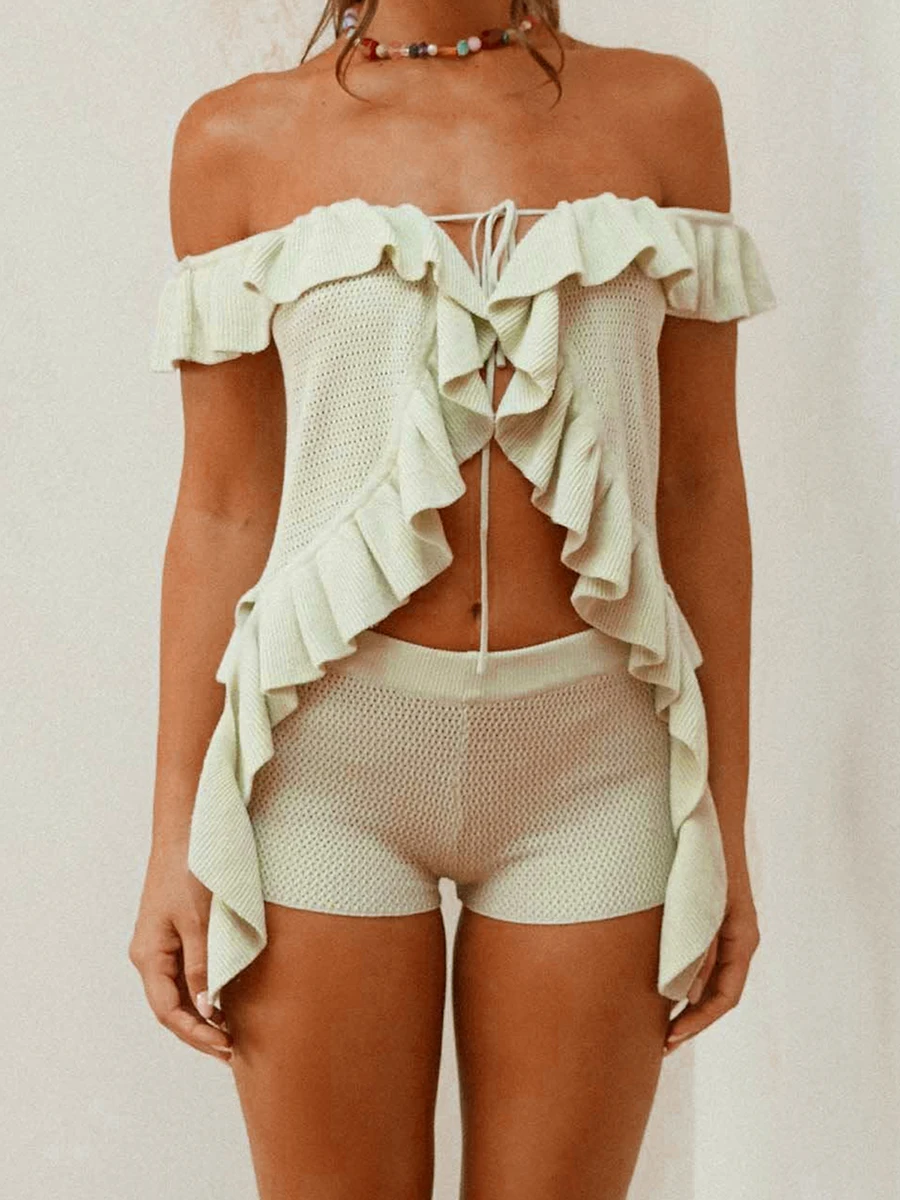 Women Crochet 2 Piece Outfit Ruffle Off Shoulder Knit Top Mini Shorts Set Hollow Out Summer Beach Vacation Outfits
Women Crochet 2 Piece Outfit Ruffle Off Shoulder Knit Top Mini Shorts Set Hollow Out Summer Beach Vacation Outfits
