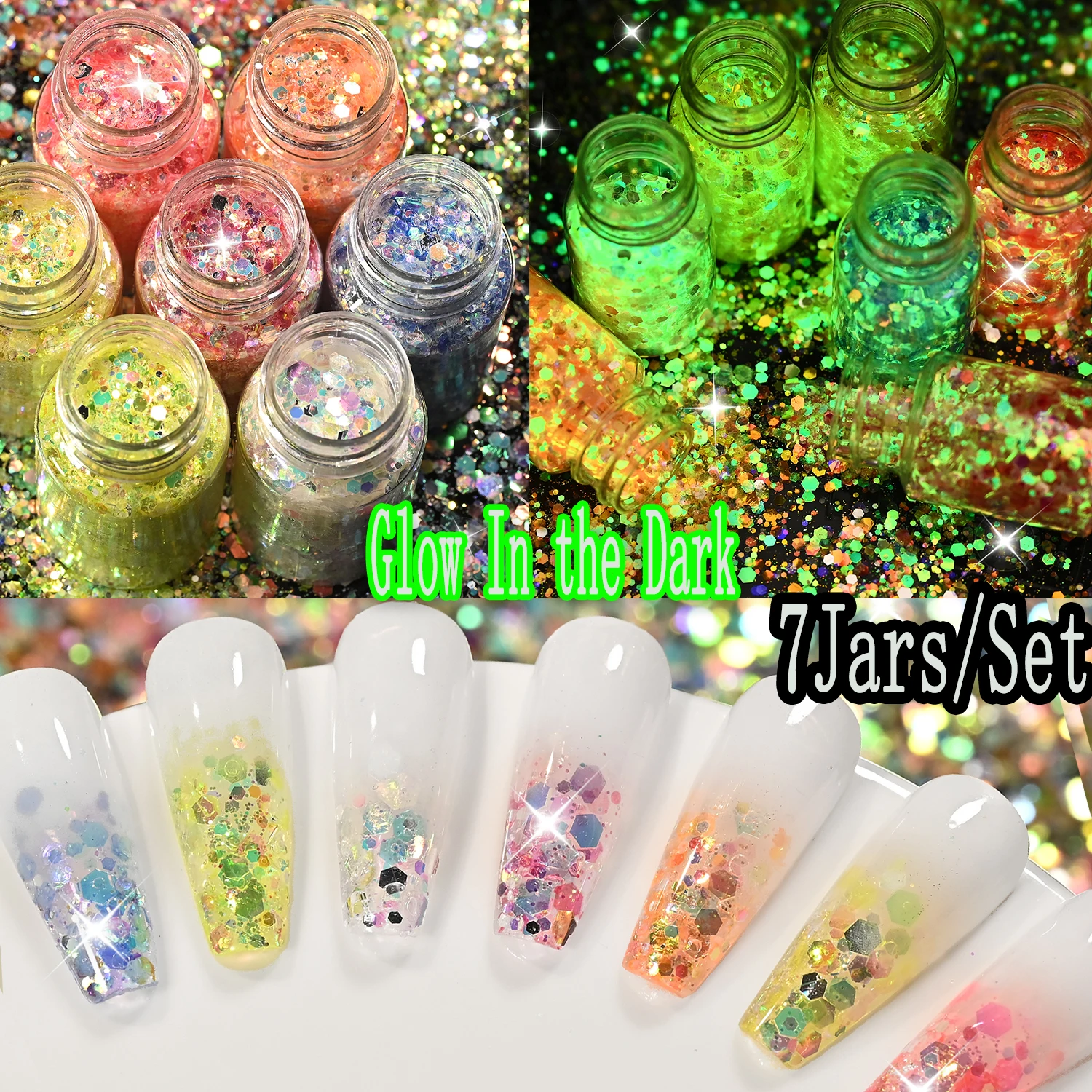 7Jars Glow In the Dark Nail Glitter Sequins Iridescent Mixed Luminous Hexagon Chunky Flakes For DIY Summer Manicure Nail Supplie
7Jars Glow In the Dark Nail Glitter Sequins Iridescent Mixed Luminous Hexagon Chunky Flakes For DIY Summer Manicure Nail Supplie