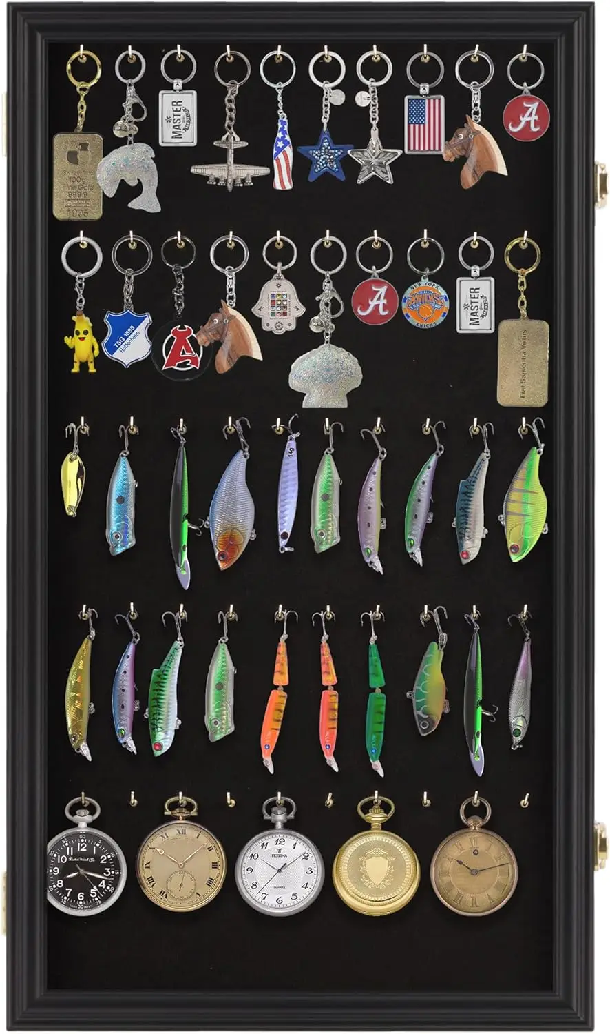 Wall Mount Keychain Display Case with 50 Hooks - Shadow Box for Fishing Lures, Pocket Watches, Luggage Tags (Black)
Wall Mount Keychain Display Case with 50 Hooks - Shadow Box for Fishing Lures, Pocket Watches, Luggage Tags (Black)