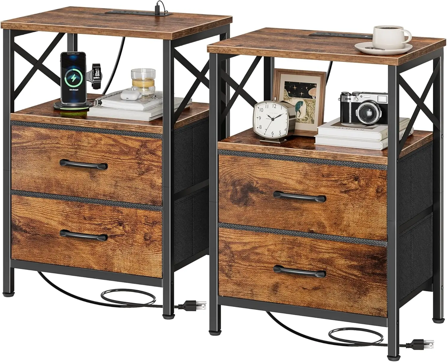 Nightstand Set of 2 with Charging Station, USB-C, 2 Drawers, Open Shelf, Rustic Brown
Nightstand Set of 2 with Charging Station, USB-C, 2 Drawers, Open Shelf, Rustic Brown
