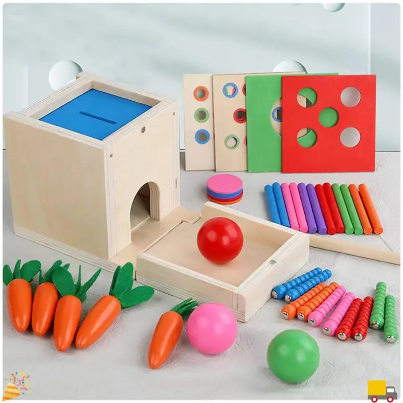 6-In-1 Wooden Montessori Toy Kit Object Permanence Box Play Set With Coin Box Carrot Harvest Shape Sorter Ball Drop Toy Durable
6-In-1 Wooden Montessori Toy Kit Object Permanence Box Play Set With Coin Box Carrot Harvest Shape Sorter Ball Drop Toy Durable