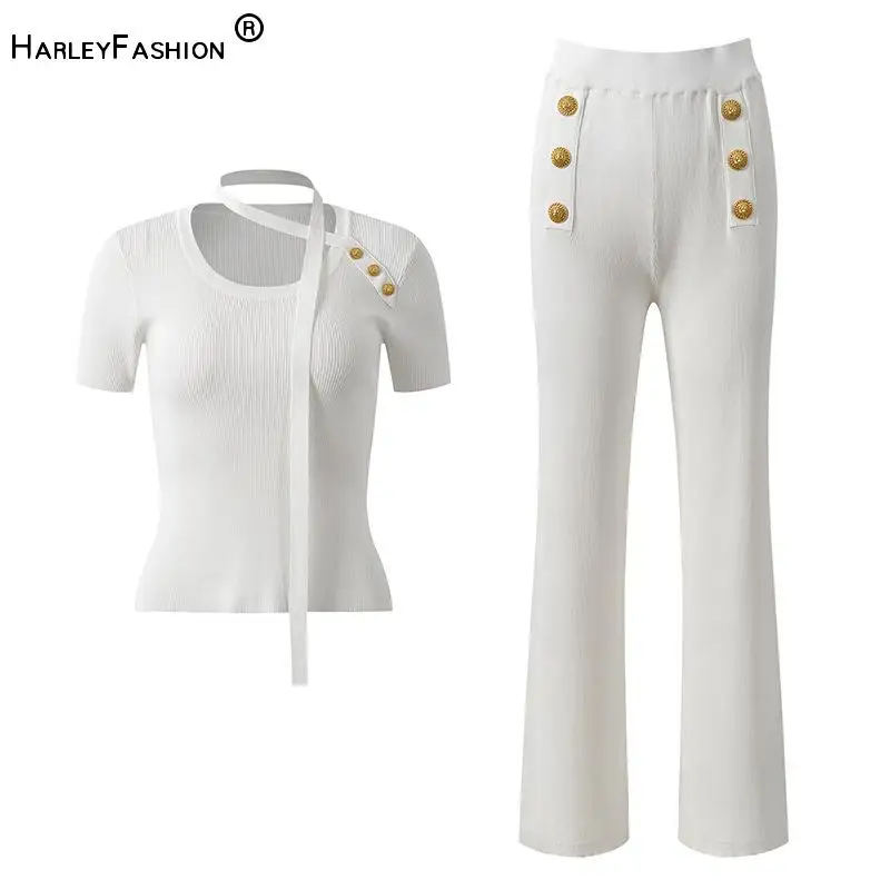 2026 Summer Lady Fashion Designed Buttons Decorated Suit O-neck Short Sleeve Ribbon Tops Flared Pants Women Solid Knits 2pcs
2026 Summer Lady Fashion Designed Buttons Decorated Suit O-neck Short Sleeve Ribbon Tops Flared Pants Women Solid Knits 2pcs