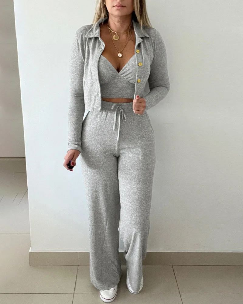 Summer 3 Pieces Outfits Turn-down Collar Long Sleeve Coat Top and V Neck Spaghetti Strap Tank and Strechy Waist Pants Set
Summer 3 Pieces Outfits Turn-down Collar Long Sleeve Coat Top and V Neck Spaghetti Strap Tank and Strechy Waist Pants Set