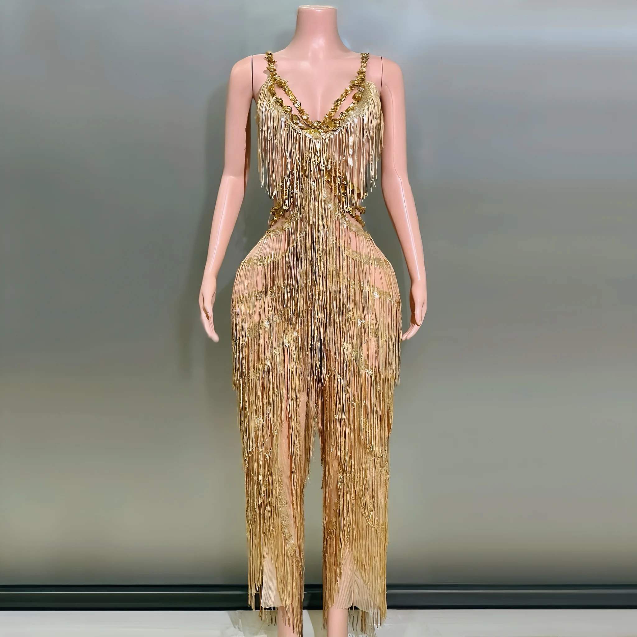 Golden Color Tassels Diamonds Sexy Deep V-Neck Jumpsuit Celebrate Birthday Evening Party Costume Nightclub Singer Stage Wear
Golden Color Tassels Diamonds Sexy Deep V-Neck Jumpsuit Celebrate Birthday Evening Party Costume Nightclub Singer Stage Wear