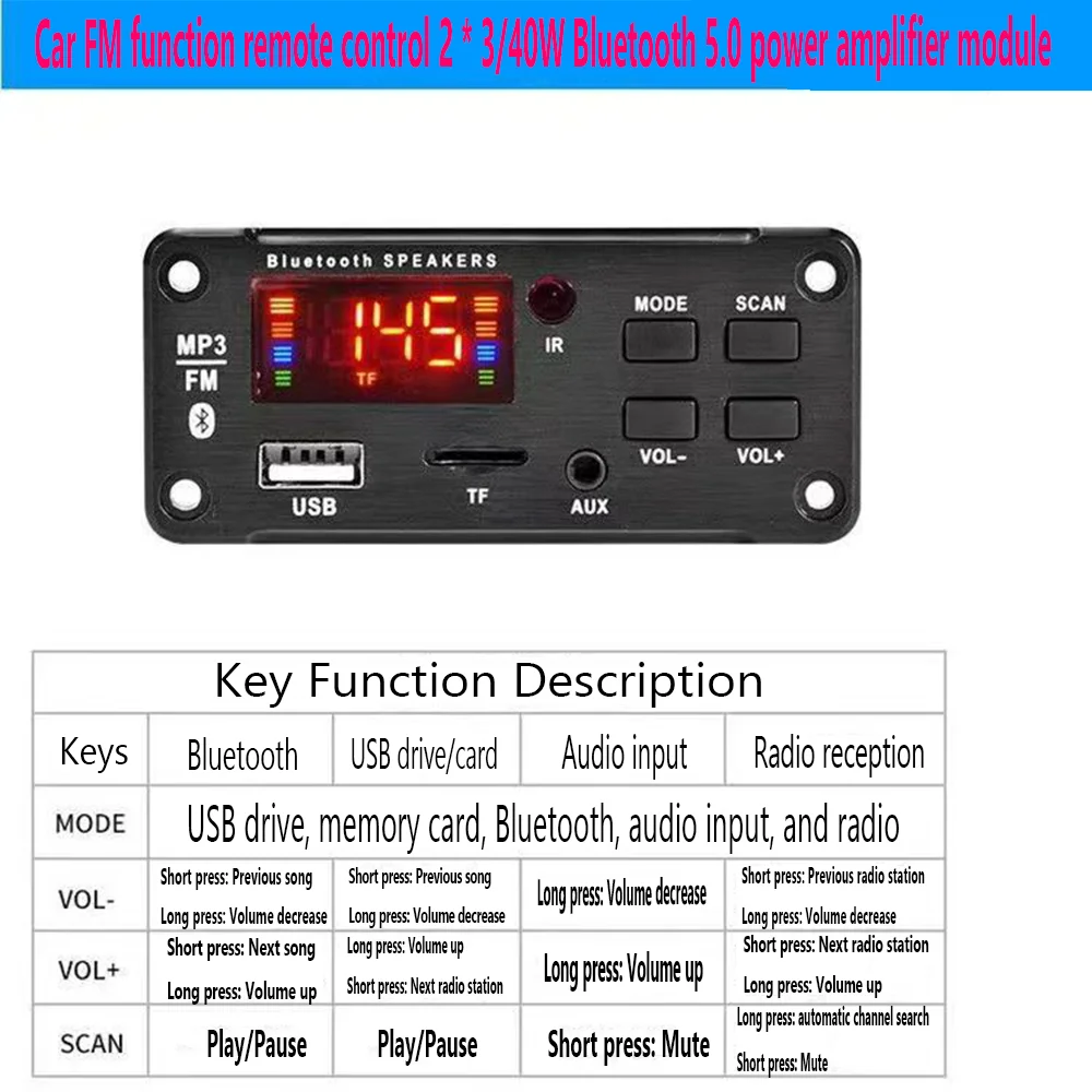 DC12V в автомобильной версии TF-карты, плата декодирования MP3, функция FM, дистанционное управление, 2*3/40 Вт, модуль усилителя мощности Bluetooth 5,0
DC12V в автомобильной версии TF-карты, плата декодирования MP3, функция FM, дистанционное управление, 2*3/40 Вт, модуль усилителя мощности Bluetooth 5,0