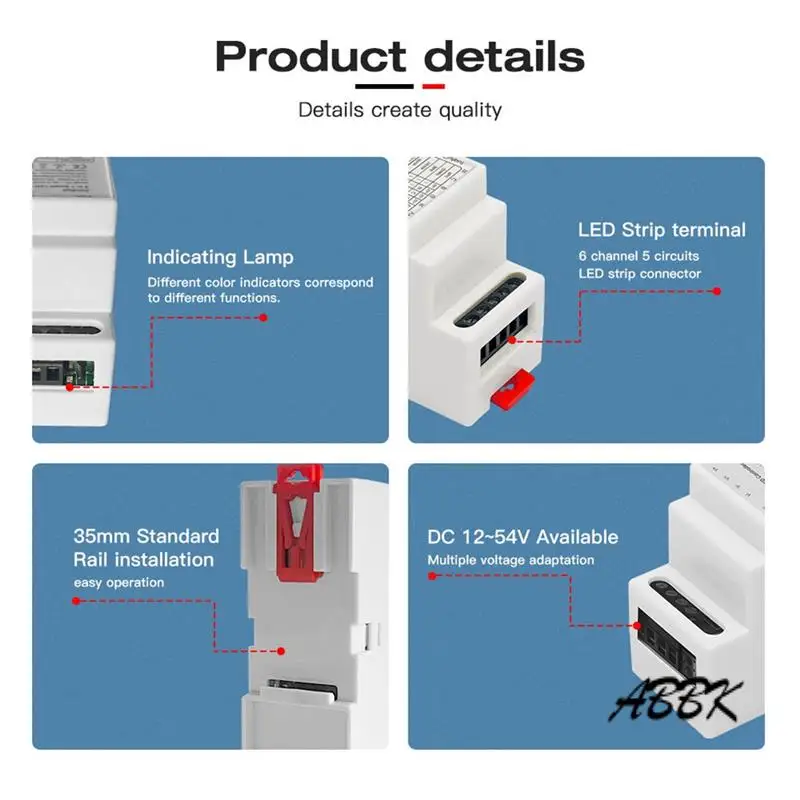 ABBK-DIN Rail 5 в 1 Умный светодиодный контроллер RGB RGBW CCT 2,4G Диммер для световой ленты Zigbee3.0
ABBK-DIN Rail 5 в 1 Умный светодиодный контроллер RGB RGBW CCT 2,4G Диммер для световой ленты Zigbee3.0