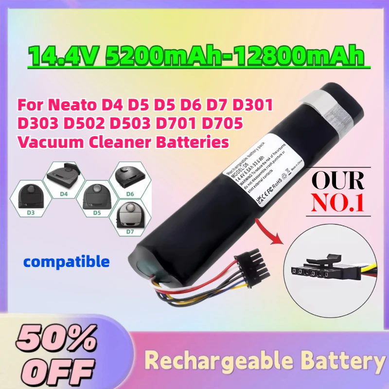 High-Quality New 14.4V 5200mAh-12800mAh Battery for Neato D4 D5 D5 D6 D7 D301 D303 D502 D503 D701 D705 Vacuum Cleaner Batteries
High-Quality New 14.4V 5200mAh-12800mAh Battery for Neato D4 D5 D5 D6 D7 D301 D303 D502 D503 D701 D705 Vacuum Cleaner Batteries