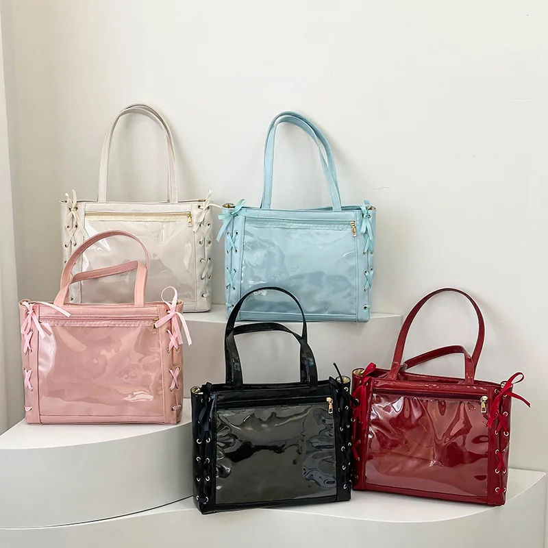 Japanese Popular Ribbon Lta Bag Bow Cute Large Capacity Splicing Transparent Fashion Single Shoulder Portable Tote Bag for Women
Japanese Popular Ribbon Lta Bag Bow Cute Large Capacity Splicing Transparent Fashion Single Shoulder Portable Tote Bag for Women