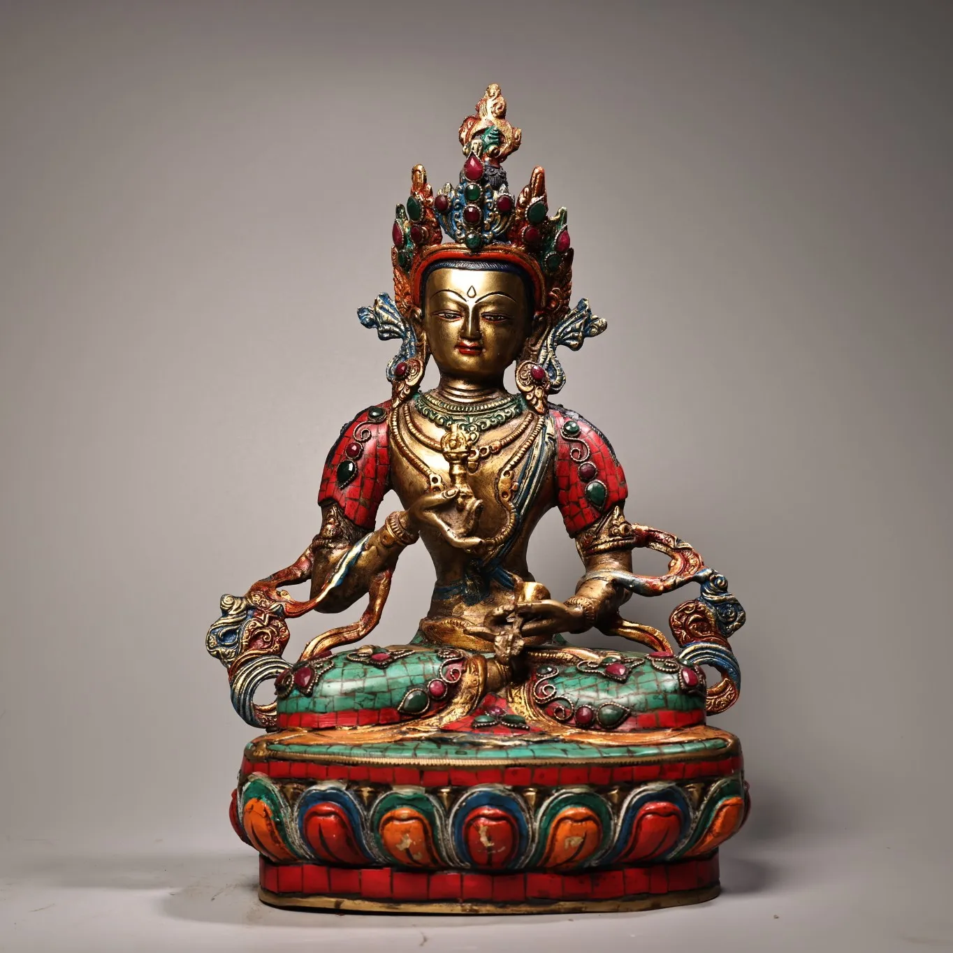 12"Tibetan Temple Collection Old Bronze Outline in gold Mosaic Gem Turquoise Vajrasaka Hammer Sitting Buddha Worship Hall
12"Tibetan Temple Collection Old Bronze Outline in gold Mosaic Gem Turquoise Vajrasaka Hammer Sitting Buddha Worship Hall