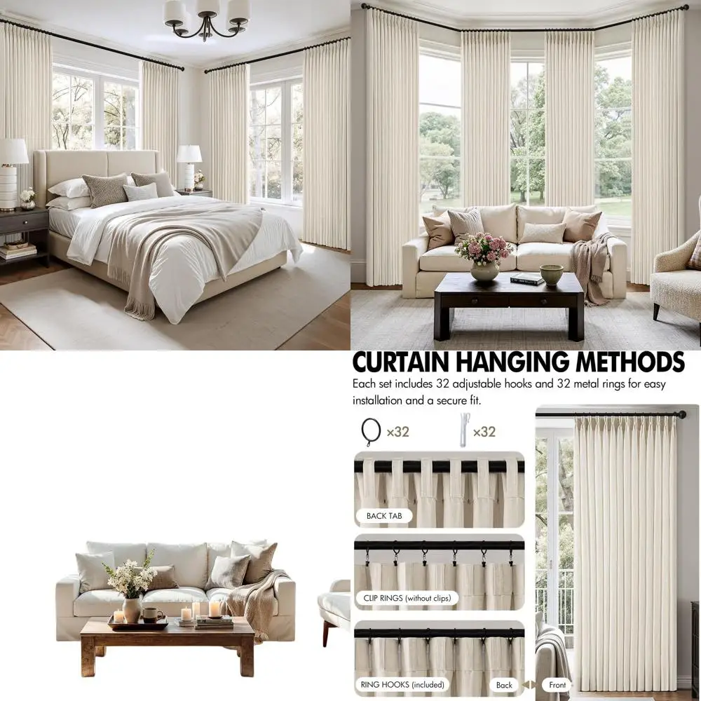 Цвет слоновой кости кремового цвета 90, 4 панели, толстые льняные плиссированные шторы с задними выступами для полупрозрачной светофильтрации и конфиденциальности
Цвет слоновой кости кремового цвета 90, 4 панели, толстые льняные плиссированные шторы с задними выступами для полупрозрачной светофильтрации и конфиденциальности