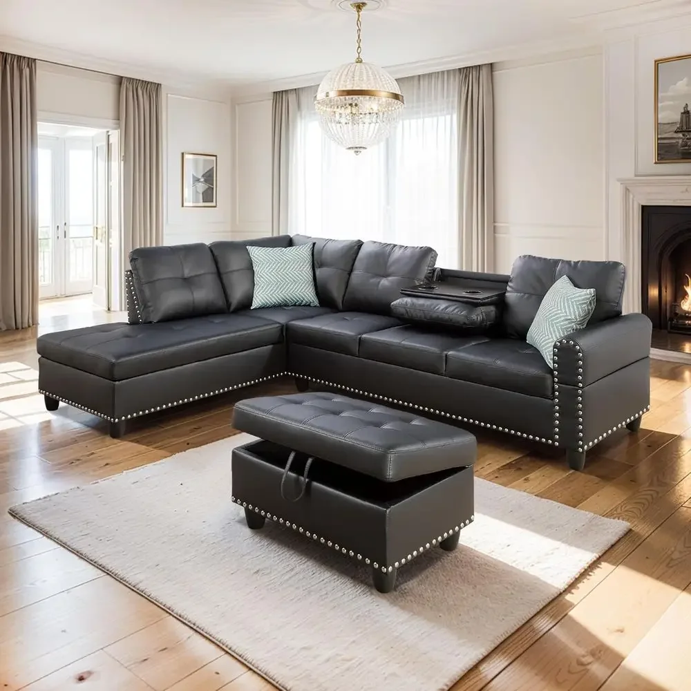 6-Seater Leather Sectional Sofa with Chaise, Storage Ottoman, Cup Holders, and Pillows for Living Room Furniture
6-Seater Leather Sectional Sofa with Chaise, Storage Ottoman, Cup Holders, and Pillows for Living Room Furniture