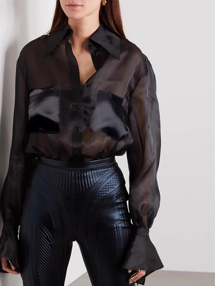 Naturaleye Summer Slim Fit Shirt Black Micro See through Organza Long Sleeve Bell Sleeve Women's Fashion Lightweight Shirt
Naturaleye Summer Slim Fit Shirt Black Micro See through Organza Long Sleeve Bell Sleeve Women's Fashion Lightweight Shirt