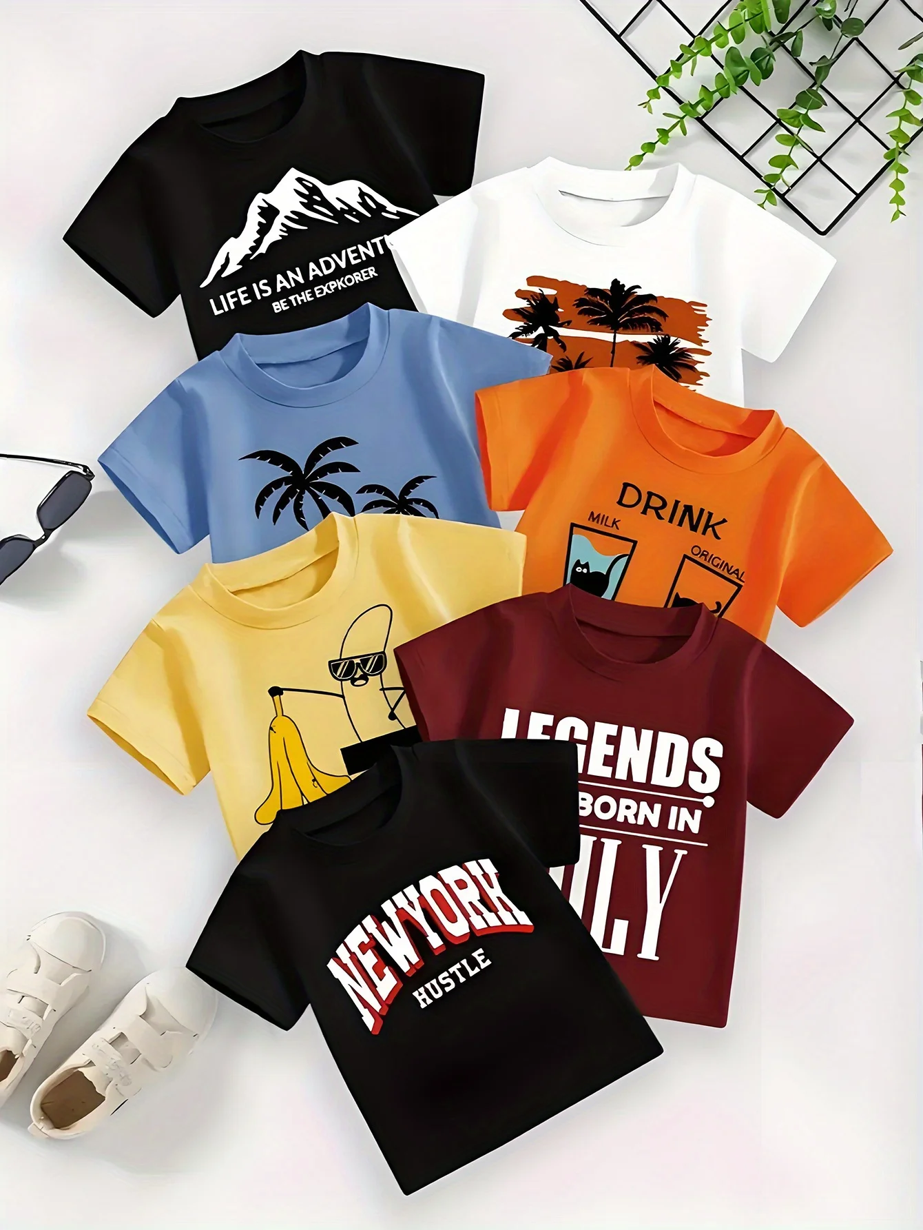 7-компонентный буквенный принт с дизайном «Нью-Йорк», «Банан», «Кошка», «Пальмовое дерево», и «Гора», модный и милый круглый вырез с короткими рукавами для маленьких мальчиков
7-компонентный буквенный принт с дизайном «Нью-Йорк», «Банан», «Кошка», «Пальмовое дерево», и «Гора», модный и милый круглый вырез с короткими рукавами для маленьких мальчиков