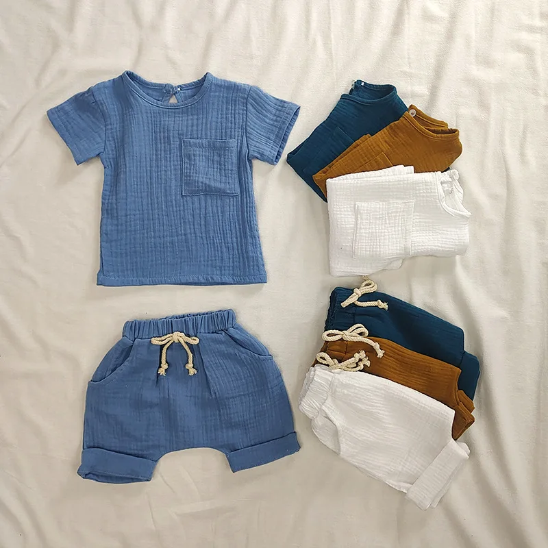 Summer Kids Girls Clothes Outfits Solid Muslin Baby Boy Clothes Sets Short Sleeves T Shirt for Newborn Suit Cotton Outfit 0-3T 
Summer Kids Girls Clothes Outfits Solid Muslin Baby Boy Clothes Sets Short Sleeves T Shirt for Newborn Suit Cotton Outfit 0-3T