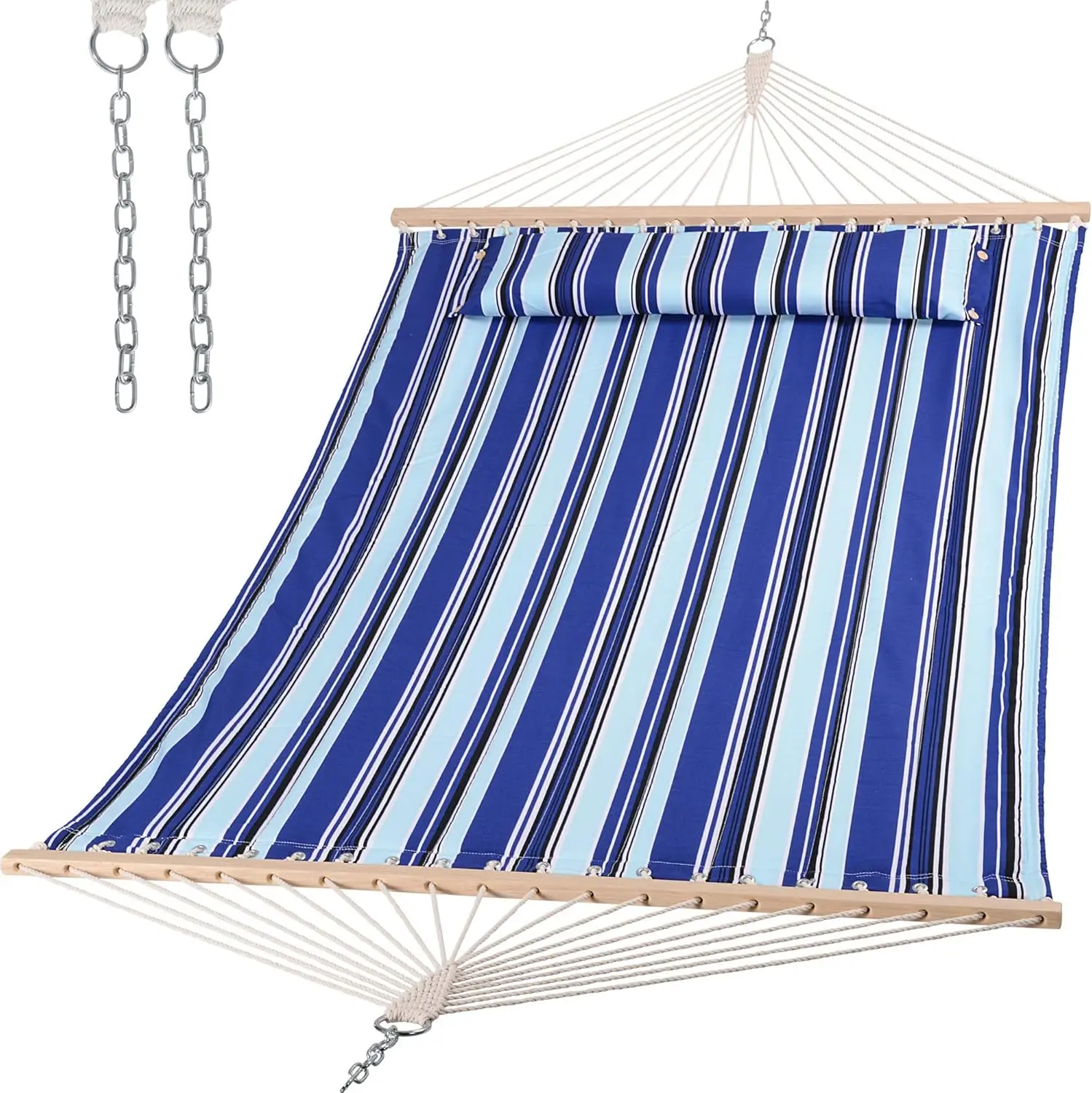 Double Hammock with Spreader Bar, Soft Pillow, Max 475lbs Capacity, Blue Stripes - Quilted Fabric for Comfort
Double Hammock with Spreader Bar, Soft Pillow, Max 475lbs Capacity, Blue Stripes - Quilted Fabric for Comfort
