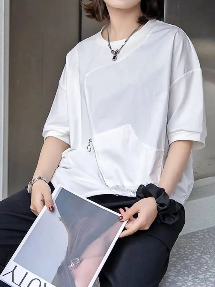 Women White Zipper Irregular Hem Big Size T-shirt New Round Neck Short Sleeve Fashion Tide Spring Summer
Women White Zipper Irregular Hem Big Size T-shirt New Round Neck Short Sleeve Fashion Tide Spring Summer