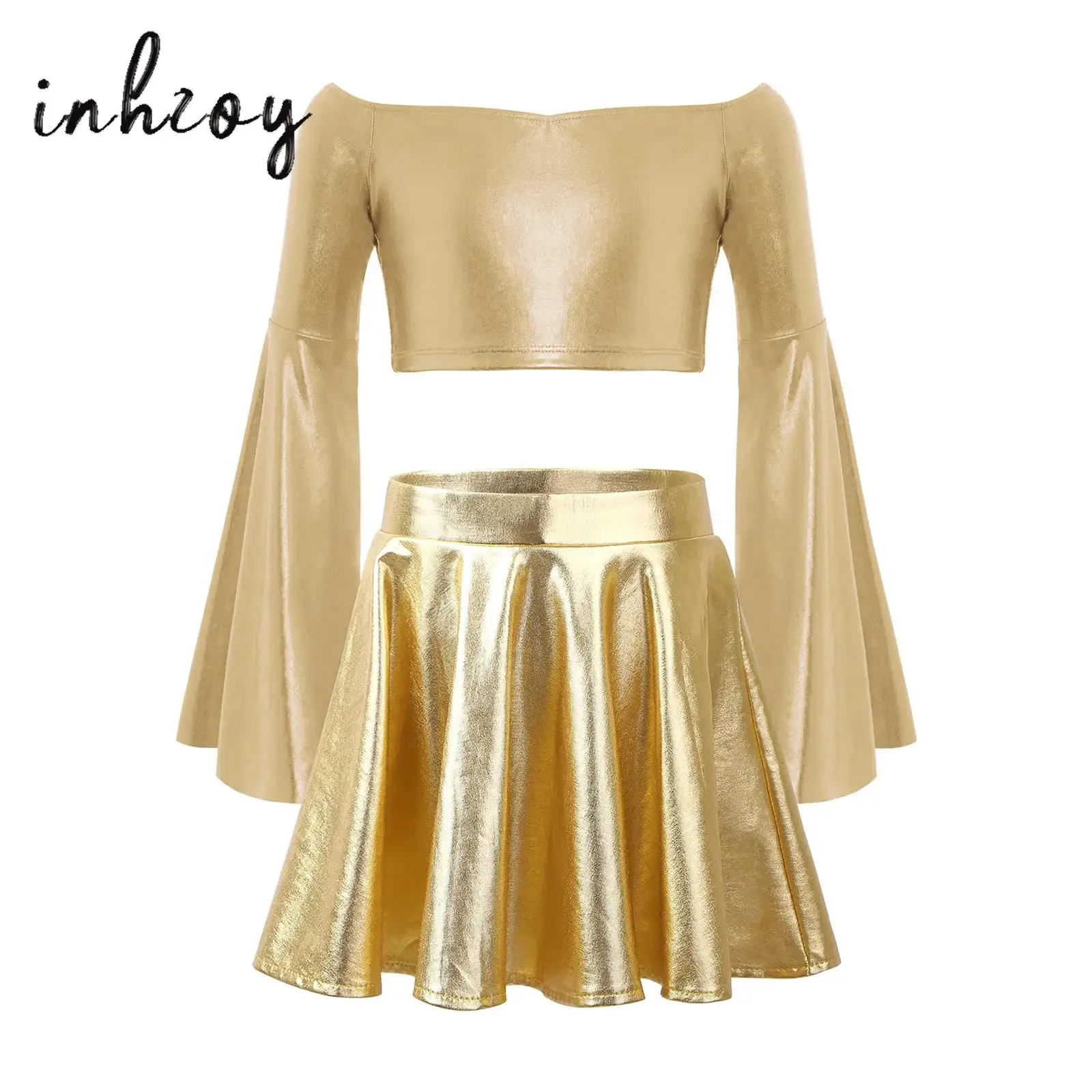 Kids Girls Jazz Dance Costumes Metallic Shiny Flared Sleeve Off-Shoulder Crop Top with Ruffled Skirt Set for Stage Performance
Kids Girls Jazz Dance Costumes Metallic Shiny Flared Sleeve Off-Shoulder Crop Top with Ruffled Skirt Set for Stage Performance