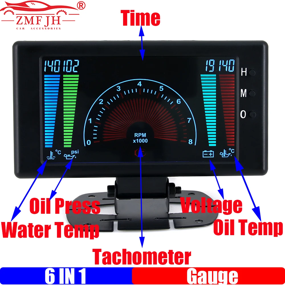 ZMFJH Multifunctional LCD Gauge Auto Car 6IN1 0-8000RPM Tachometer+Water Temp+Oil Pressure+Oil Temp+Voltage+Time with Sensor
ZMFJH Multifunctional LCD Gauge Auto Car 6IN1 0-8000RPM Tachometer+Water Temp+Oil Pressure+Oil Temp+Voltage+Time with Sensor