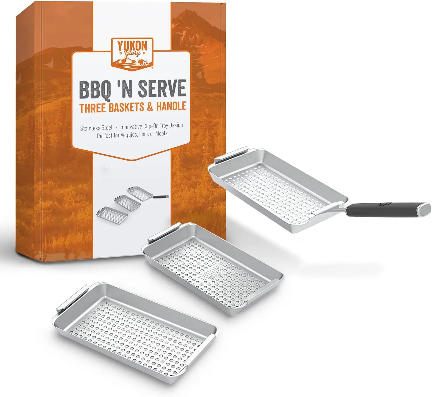 ™ BBQ 'N SERVE Grill Basket Set - Includes 3 Grilling Baskets a Serving Tray & Clip-on Handle - "Patented Grill-to-Table
™ BBQ 'N SERVE Grill Basket Set - Includes 3 Grilling Baskets a Serving Tray & Clip-on Handle - "Patented Grill-to-Table