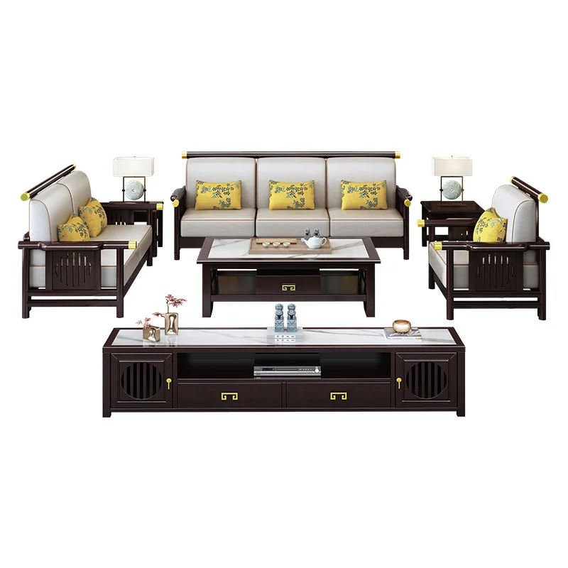 New Chinese style, solid wood sofa, villa wooden furniture combination, four-person corner 
New Chinese style, solid wood sofa, villa wooden furniture combination, four-person corner