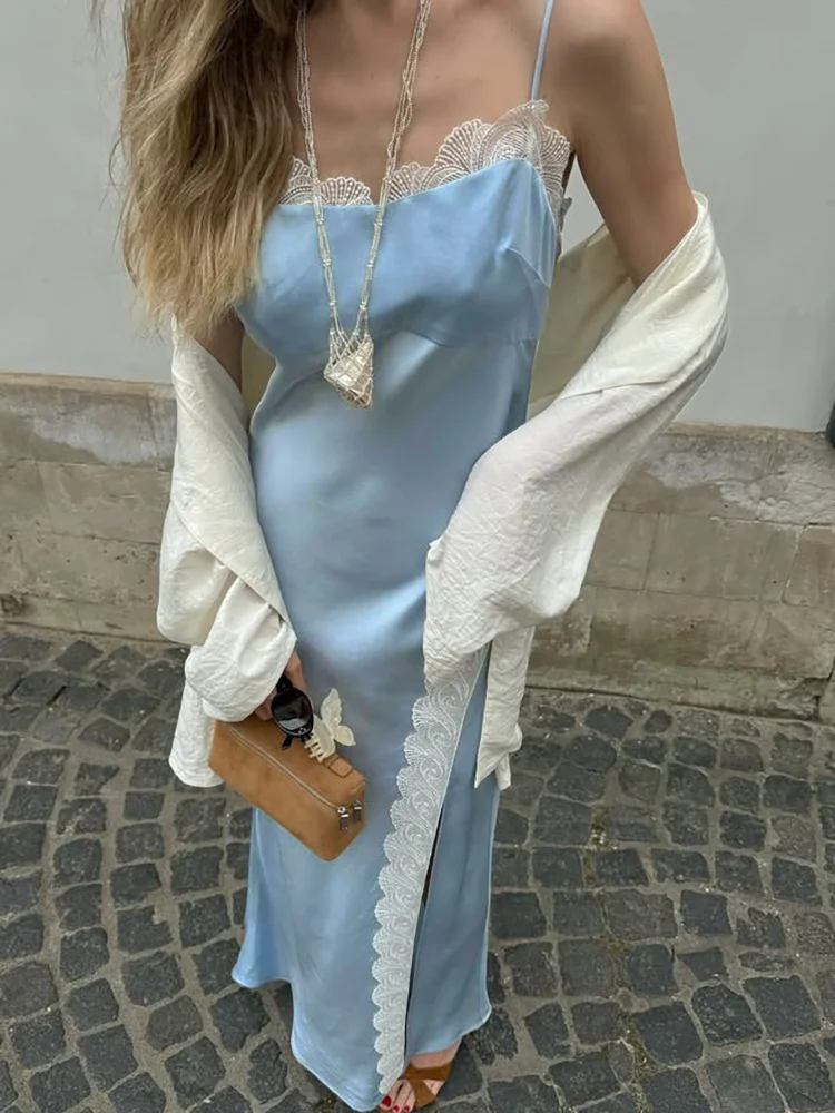 JULISSA MO Patchwork Sexy High Slit Lace Women Maxi Dress Blue Spaghetti Strap High Waist Summer Slim Casual Party Evening Dress 
JULISSA MO Patchwork Sexy High Slit Lace Women Maxi Dress Blue Spaghetti Strap High Waist Summer Slim Casual Party Evening Dress