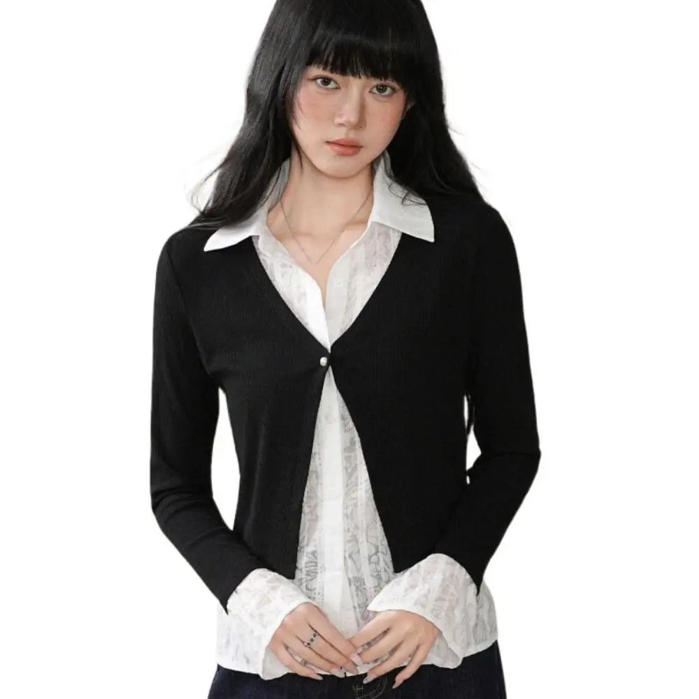 Slim Fit False Two-piece Top Flip Collar Sweet Lace Shirts Knitwear Korean Style Cardigans Knitted Top Women Spicy Girl Style
Slim Fit False Two-piece Top Flip Collar Sweet Lace Shirts Knitwear Korean Style Cardigans Knitted Top Women Spicy Girl Style