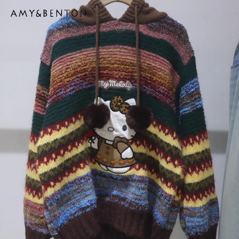 Винтажный полосатый трикотаж с мультяшной вышивкой, топ 202, осень-зима, свободный утягивающий пуловер с капюшоном для женщин
Винтажный полосатый трикотаж с мультяшной вышивкой, топ 202, осень-зима, свободный утягивающий пуловер с капюшоном для женщин