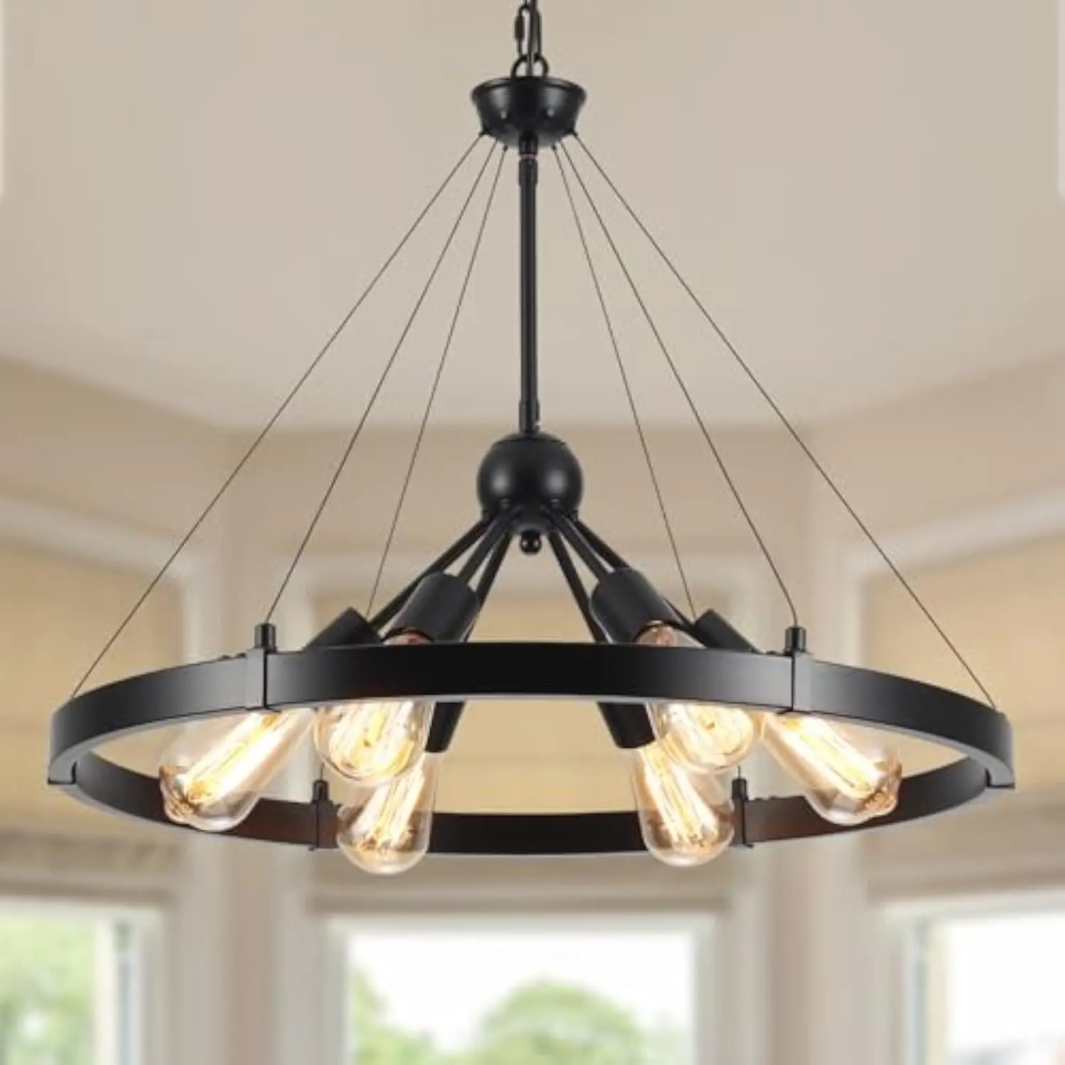 Black Farmhouse Chandeliers, 6-Light Wagon Wheel Chandelier for Dining Room Rustic Hanging Light Fixtures Over Table Industrial 
Black Farmhouse Chandeliers, 6-Light Wagon Wheel Chandelier for Dining Room Rustic Hanging Light Fixtures Over Table Industrial