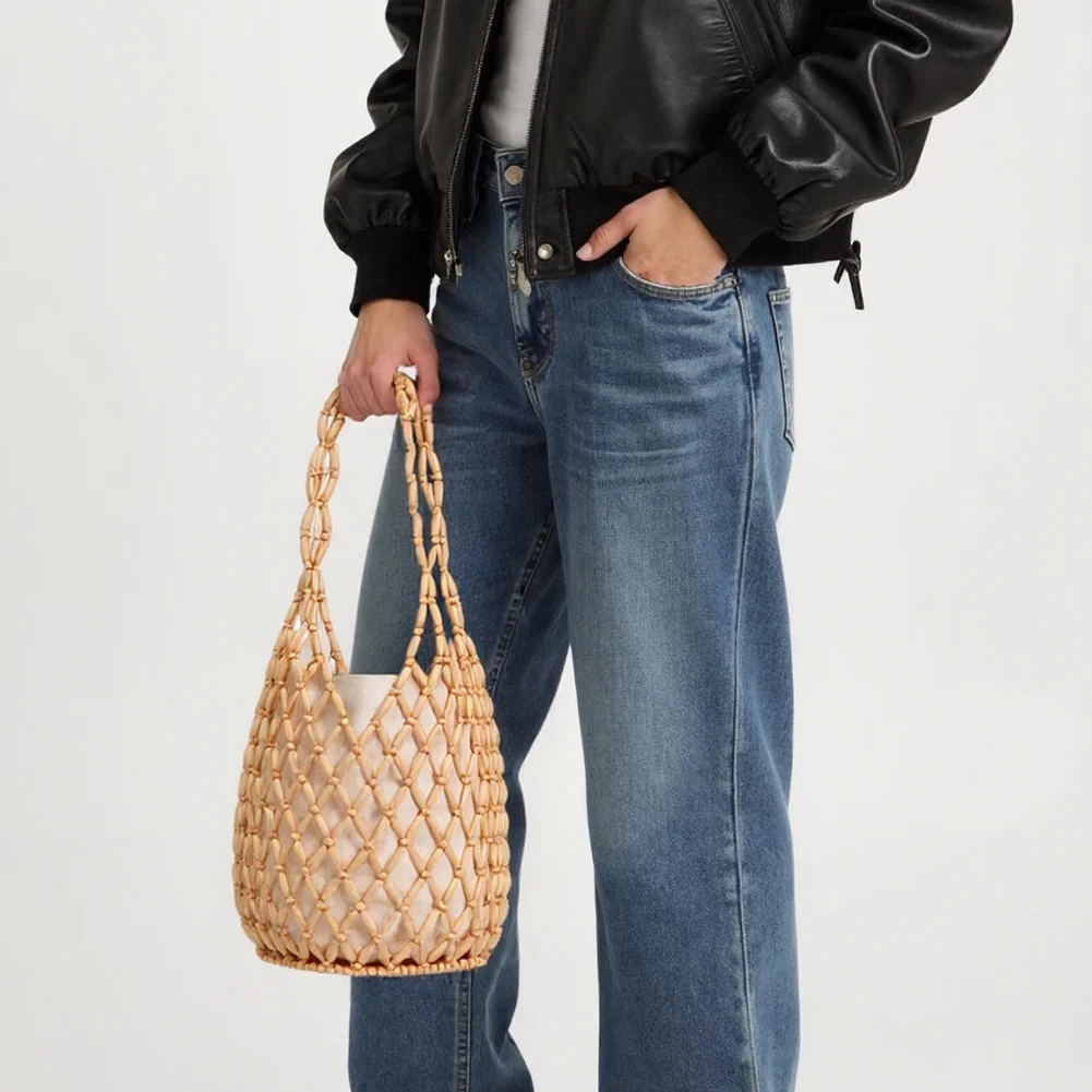Women Hollow-out Shoulder Bags Woven Hand Bag Wooden Bead Bucket Bags Beach Top-Handle Bags Summer Netted Canvas Tote Handbag
Women Hollow-out Shoulder Bags Woven Hand Bag Wooden Bead Bucket Bags Beach Top-Handle Bags Summer Netted Canvas Tote Handbag