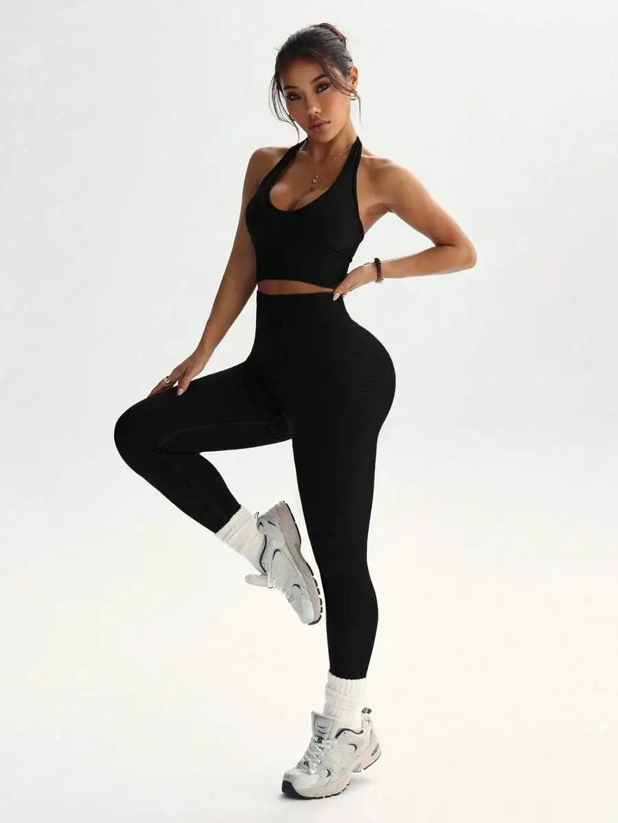 Women Solid Cropped Halter Neck Tank Top And High Waist Leggings Sports Set
Women Solid Cropped Halter Neck Tank Top And High Waist Leggings Sports Set