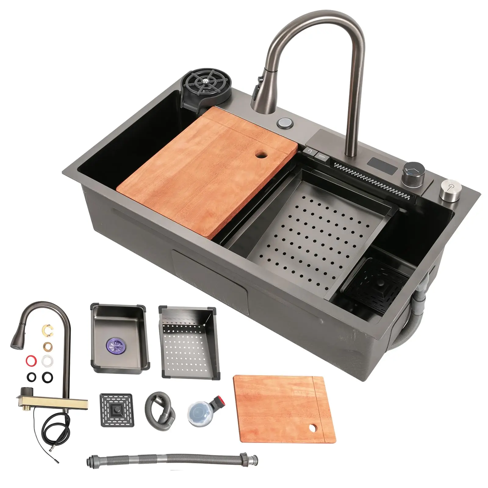 Digital Waterfall Sink, 32" x 18" Stainless Steel Single Bowl Drop In Kitchen Sink with Pull-out Swivel Faucet, Pressure Cup Was
Digital Waterfall Sink, 32" x 18" Stainless Steel Single Bowl Drop In Kitchen Sink with Pull-out Swivel Faucet, Pressure Cup Was