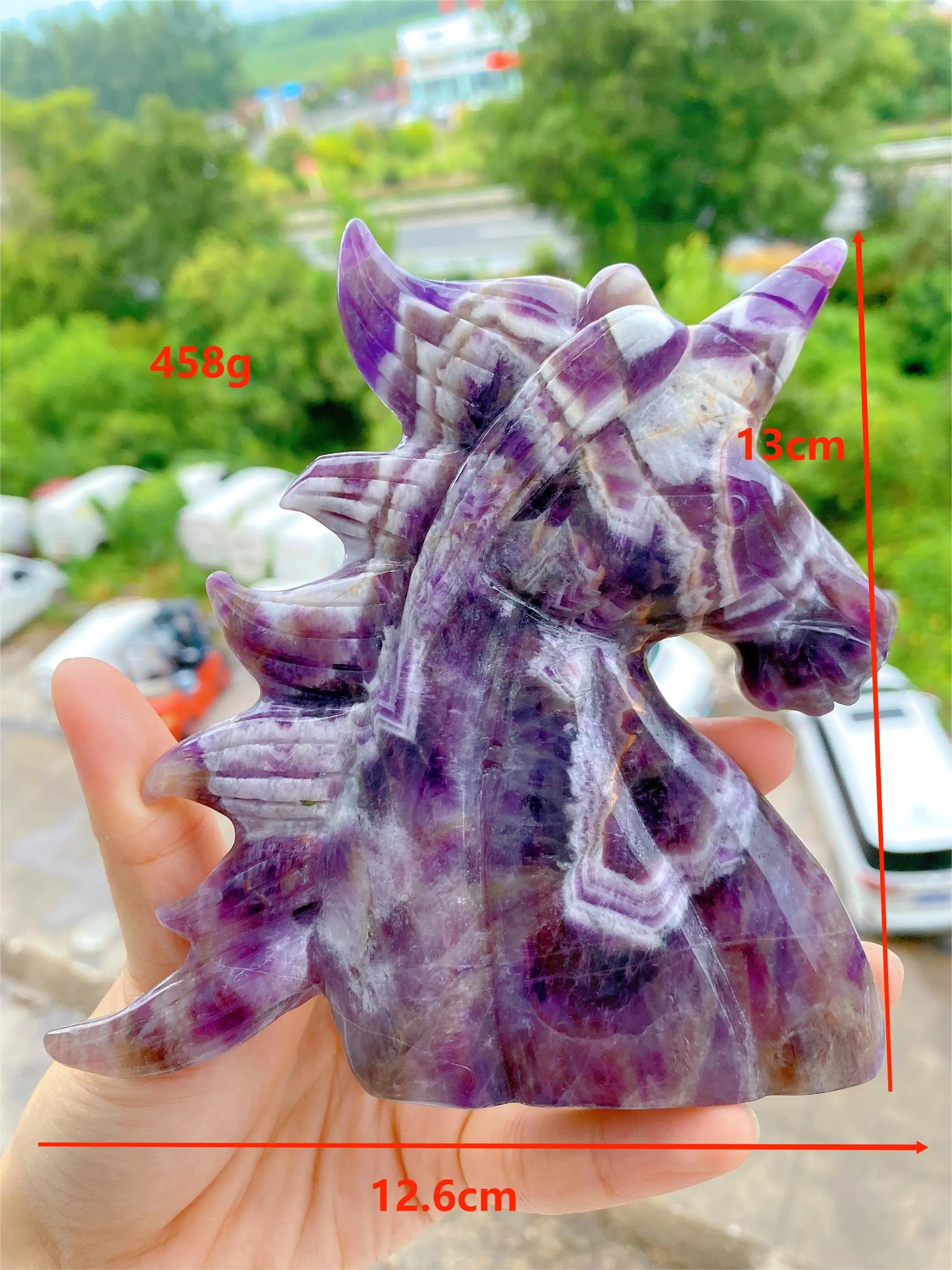 458g Natural Big Dream Amethyst Unicorn Carving Crystal Stone Unicorn Polishing Dream Amethyst Unicorn For Decoration
458g Natural Big Dream Amethyst Unicorn Carving Crystal Stone Unicorn Polishing Dream Amethyst Unicorn For Decoration